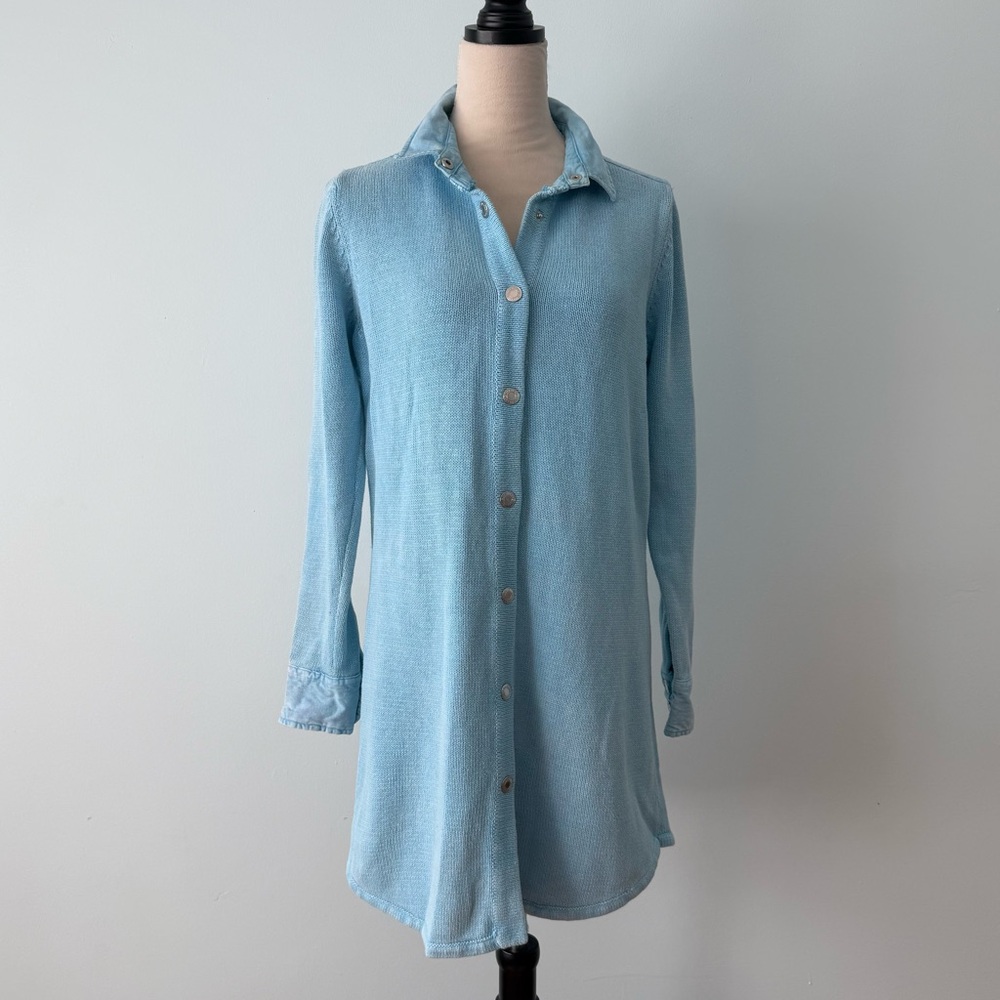 PBJ Blues Ramie Cotton Sweater Cardigan Dress M Light Blue Button Front